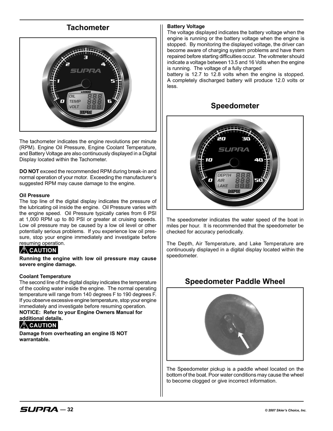 Supra SUNSPORT 20V, LAUNCH 20SSV, COMP 20 manual Tachometer, Speedometer Paddle Wheel, Oil Pressure 