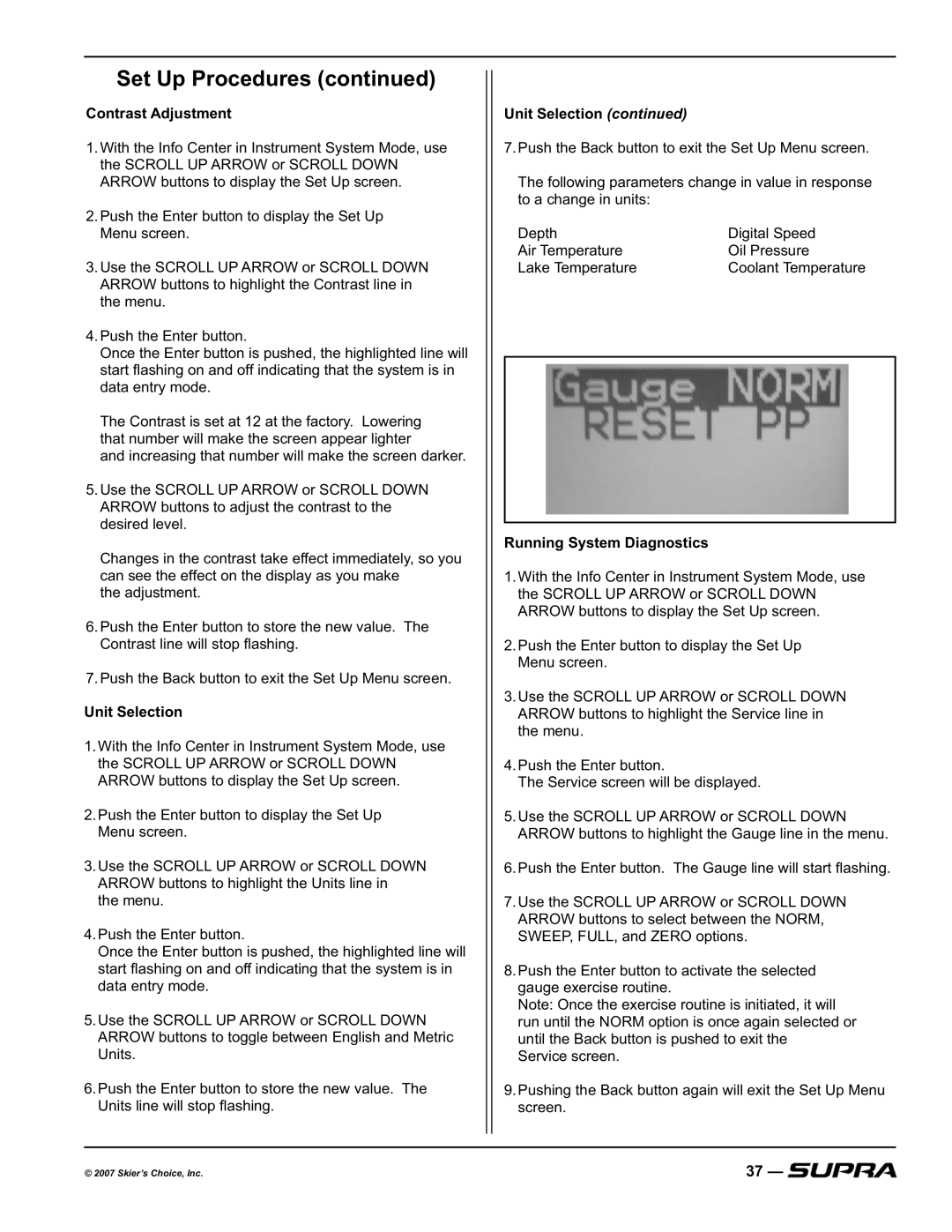 Supra LAUNCH 20SSV, SUNSPORT 20V, COMP 20 manual Contrast Adjustment, Unit Selection, Running System Diagnostics 
