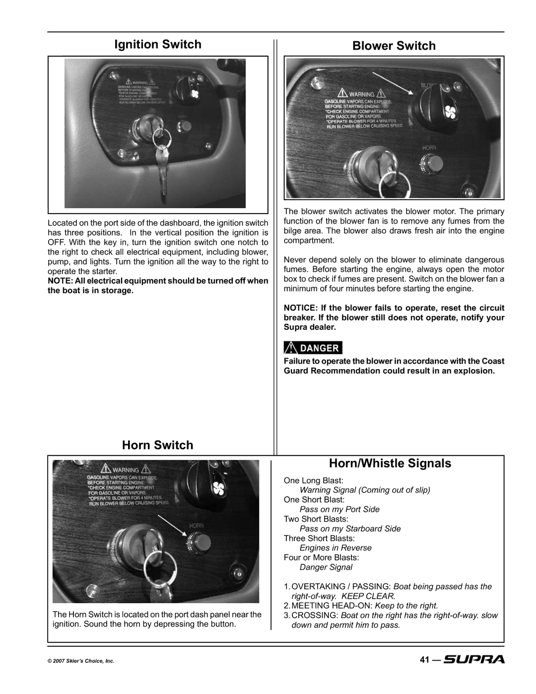 Supra LAUNCH 20SSV manual Ignition Switch Blower Switch, Horn Switch Horn/Whistle Signals, Boat is in storage, Supra dealer 