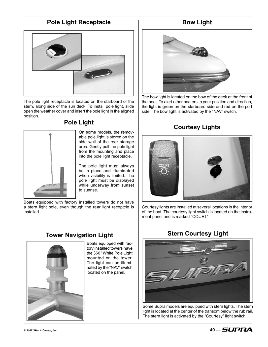 Supra LAUNCH 20SSV manual Pole Light Receptacle, Tower Navigation Light, Bow Light, Courtesy Lights, Stern Courtesy Light 