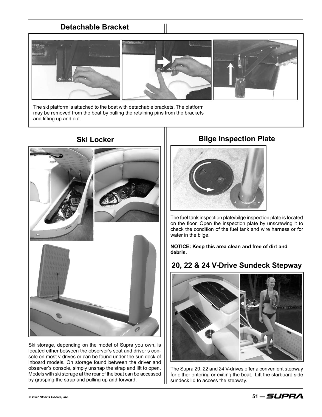 Supra COMP 20, SUNSPORT 20V, LAUNCH 20SSV manual Detachable Bracket, Ski Locker, Bilge Inspection Plate 