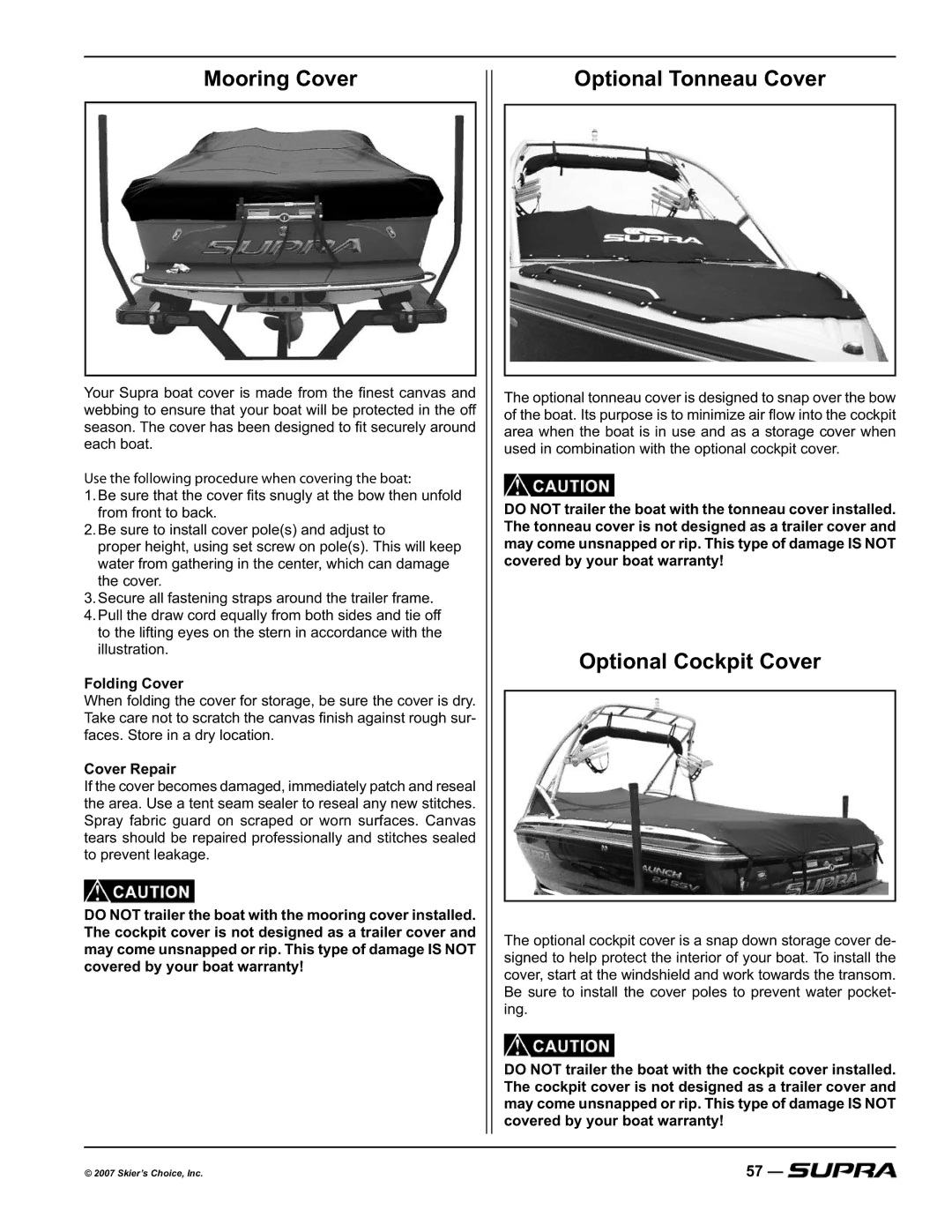 Supra LAUNCH 20SSV manual Mooring Cover, Optional Tonneau Cover, Optional Cockpit Cover, HdfkErdw,  IurpIurqwWrEdfn 