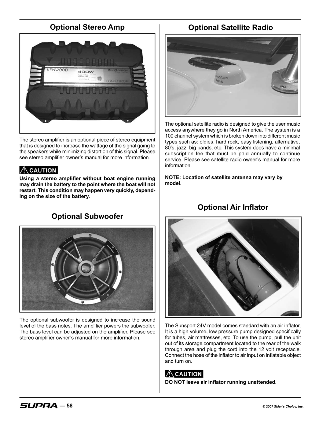 Supra SUNSPORT 20V, LAUNCH 20SSV, COMP 20 manual Optional Stereo Amp, Optional Subwoofer, Optional Satellite Radio 