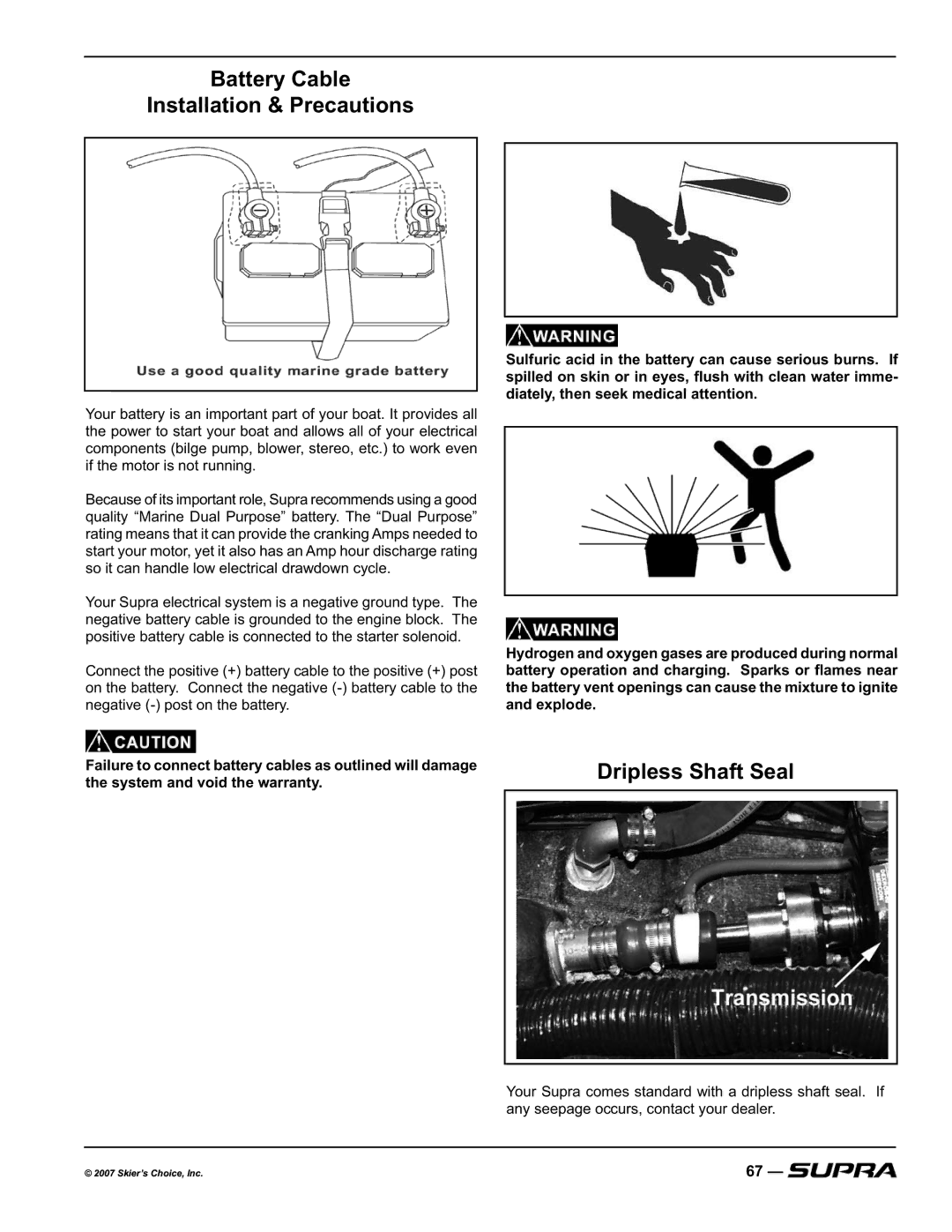 Supra COMP 20, LAUNCH 20 Battery Cable Installation & Precautions, Dripless Shaft Seal, QhjdwlyhSrvwRqWkhEdwwhu\ 