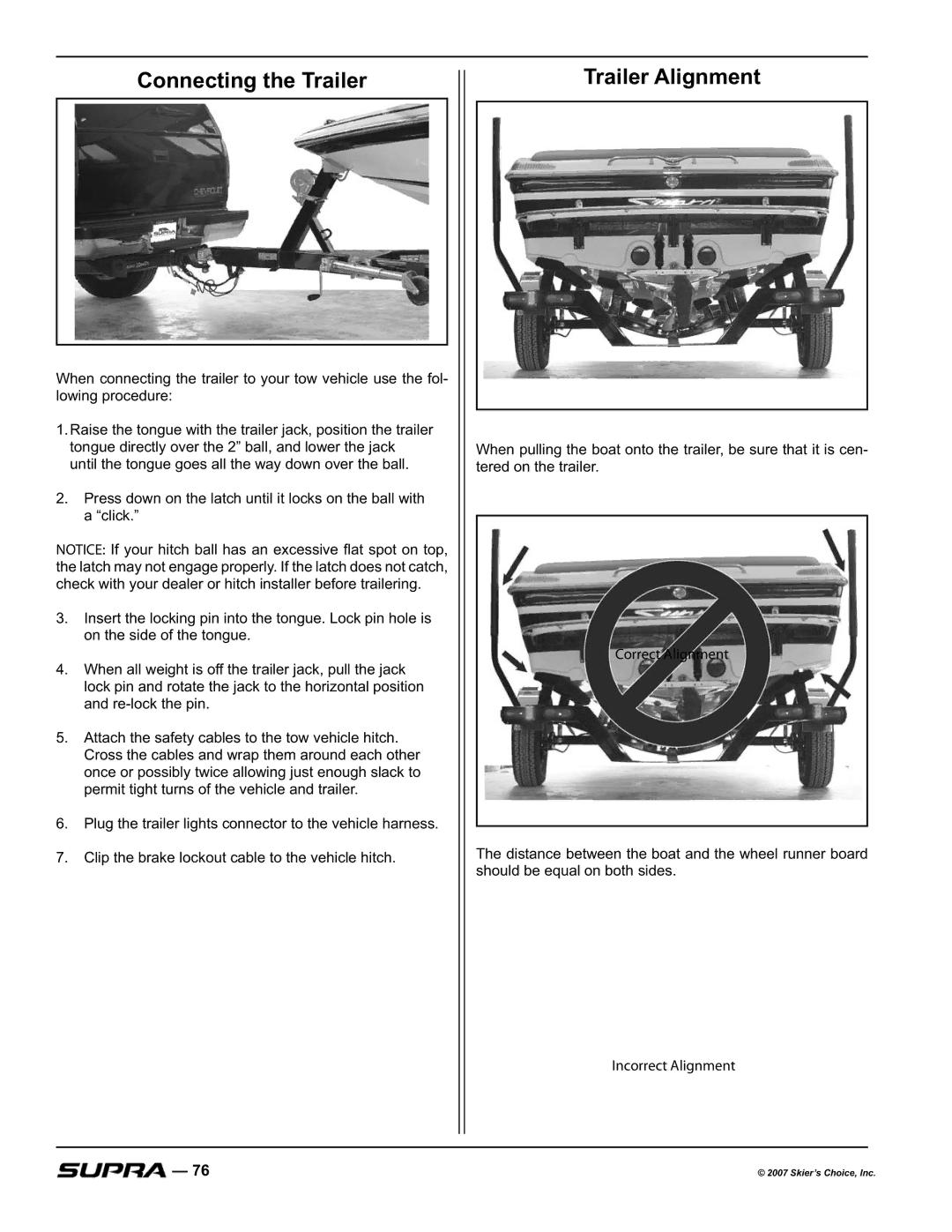 Supra SUNSPORT 20V, LAUNCH 20 Connecting the Trailer, Trailer Alignment, OrzlqjSurfhgxuh, VkrxogEhHtxdoRqErwkVlghv 