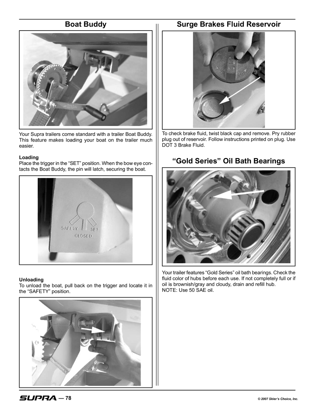 Supra LAUNCH 20, SUNSPORT 20V, COMP 20 Boat Buddy, Surge Brakes Fluid Reservoir, Gold Series Oil Bath Bearings, Unloading 