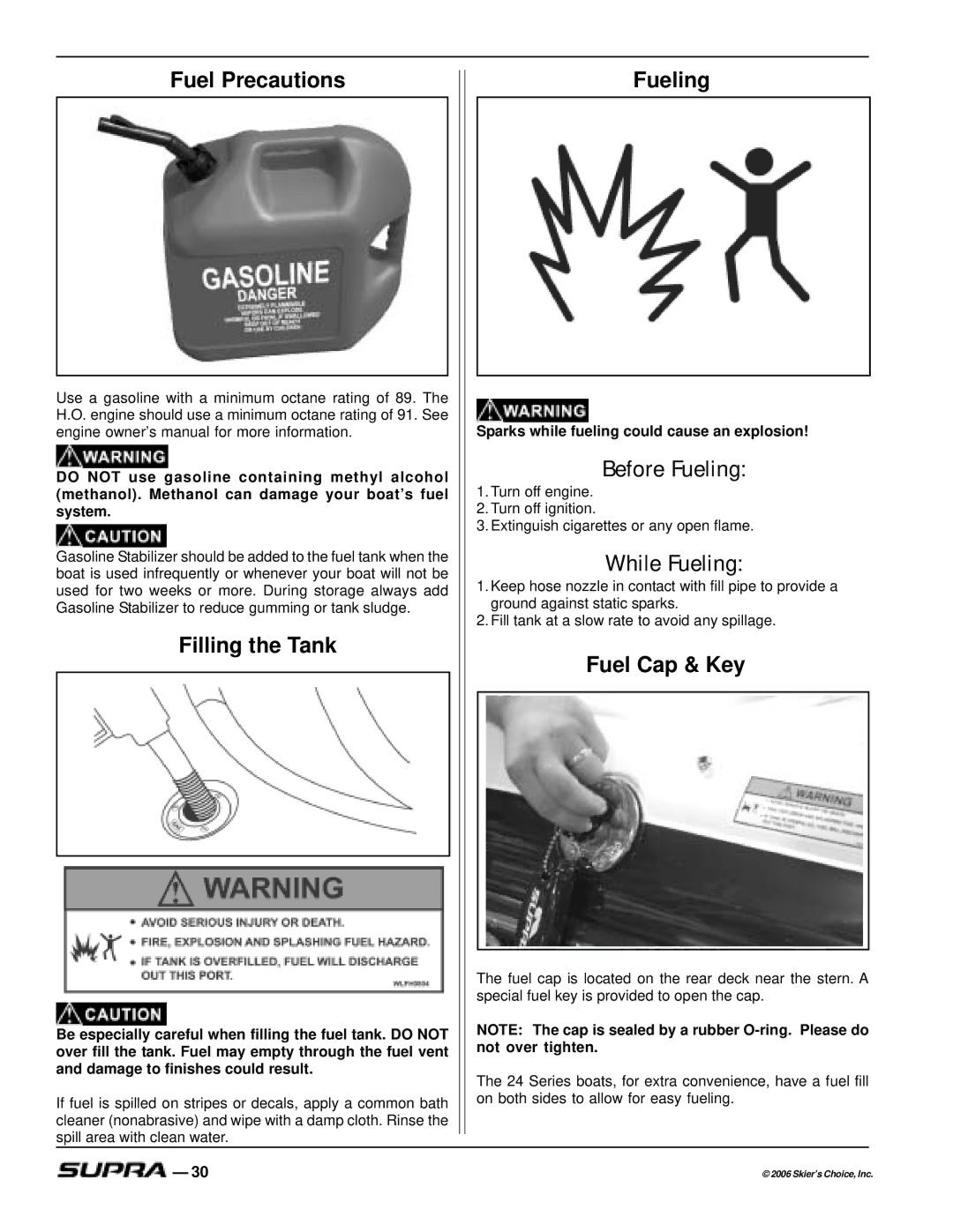 Supra SUPRA, THE LOGO manual Fuel Precautions, Filling the Tank, Before Fueling, While Fueling, Fuel Cap & Key 