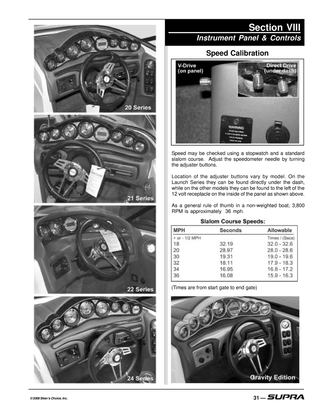 Supra THE LOGO, SUPRA manual Instrument Panel & Controls, Speed Calibration 