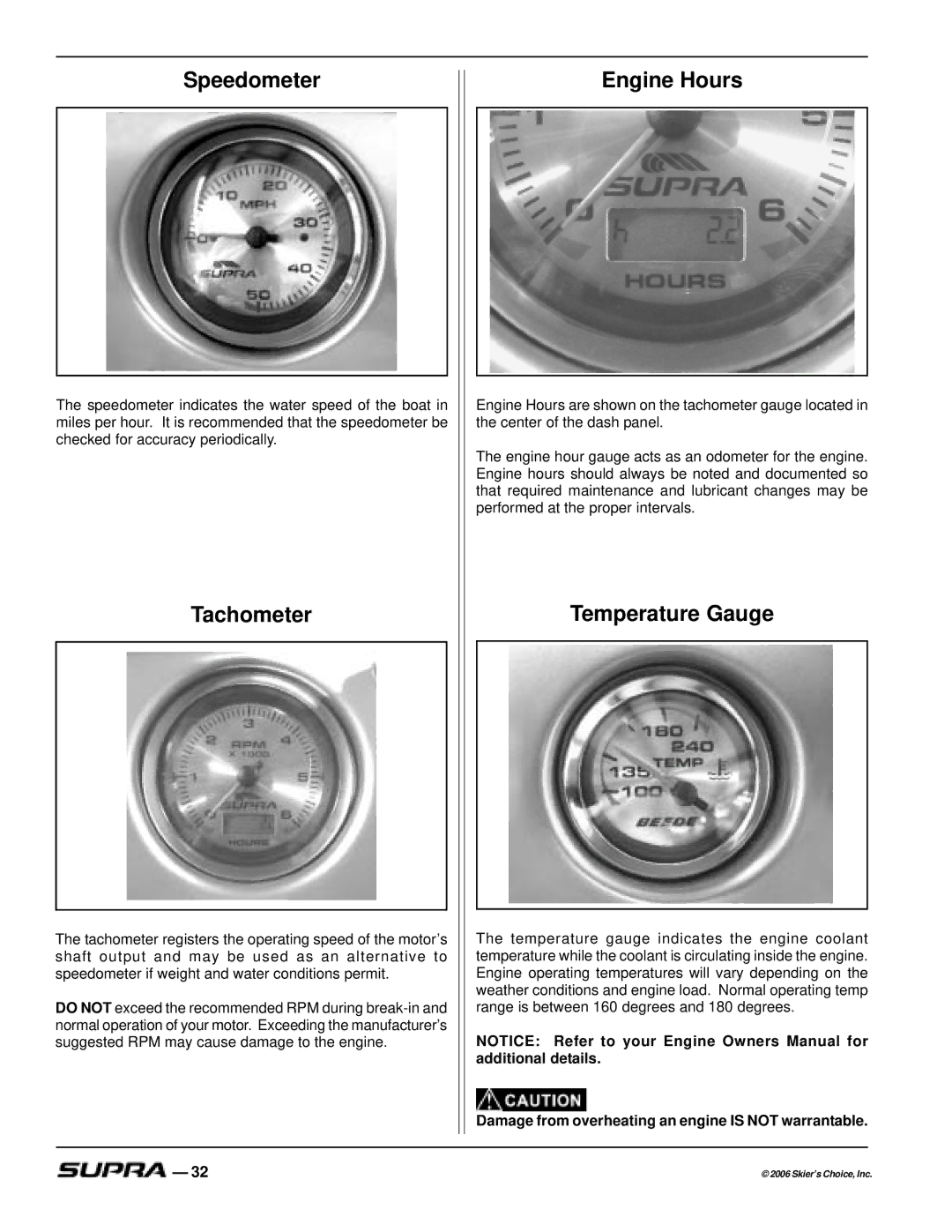 Supra SUPRA Speedometer, Tachometer, Engine Hours, Temperature Gauge, Damage from overheating an engine is not warrantable 