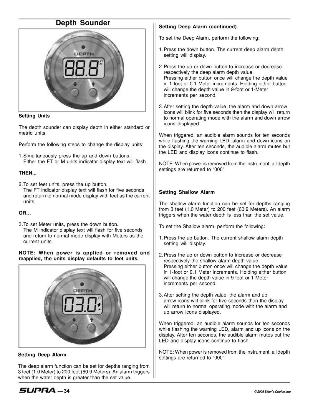 Supra SUPRA, THE LOGO manual Depth Sounder, Setting Units, Setting Deep Alarm, Setting Shallow Alarm 