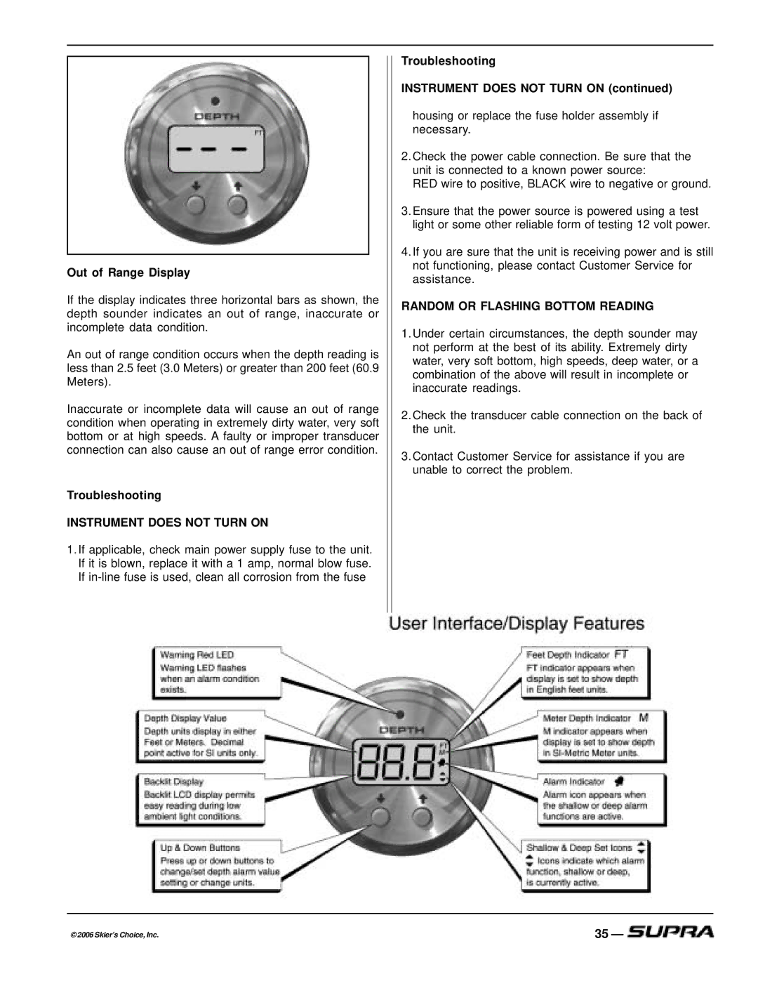 Supra THE LOGO, SUPRA manual Out of Range Display, Troubleshooting Instrument does not Turn on 