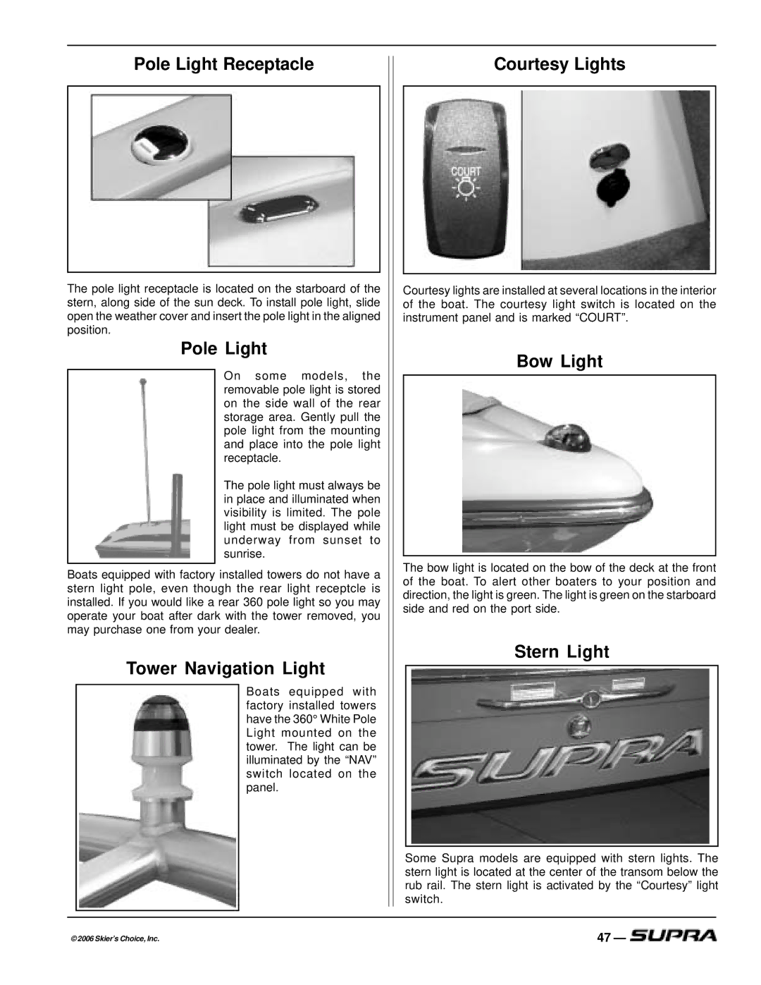 Supra THE LOGO, SUPRA manual Pole Light Receptacle, Tower Navigation Light, Courtesy Lights, Bow Light, Stern Light 