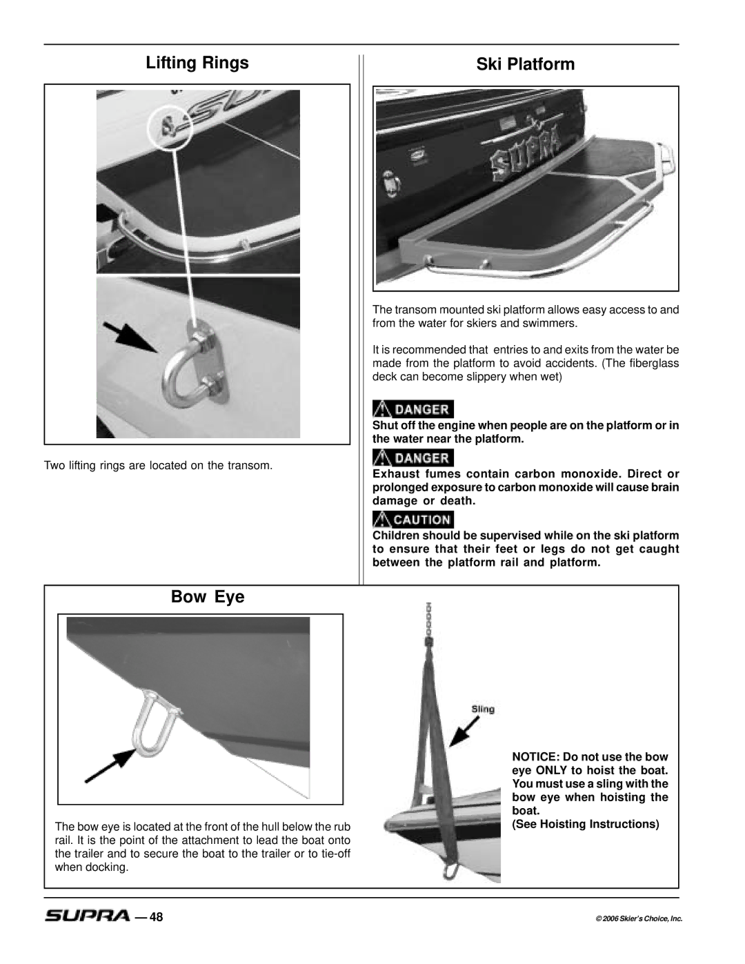 Supra SUPRA, THE LOGO manual Lifting Rings, Ski Platform, Bow Eye, See Hoisting Instructions 