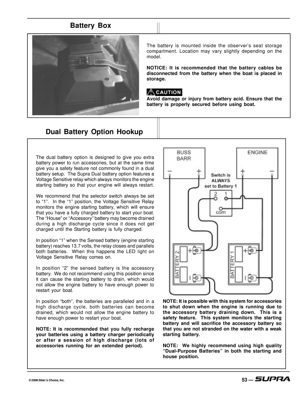 Supra THE LOGO, SUPRA manual Battery Box, Dual Battery Option Hookup 