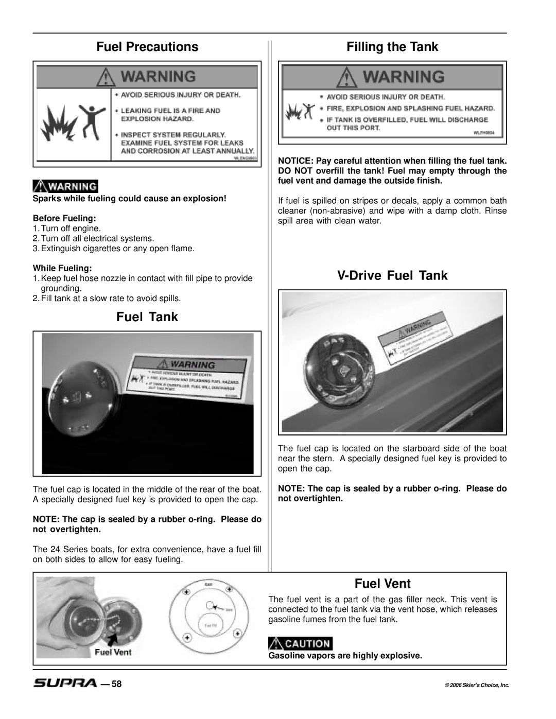 Supra SUPRA, THE LOGO manual Drive Fuel Tank, Fuel Vent, While Fueling, Gasoline vapors are highly explosive 