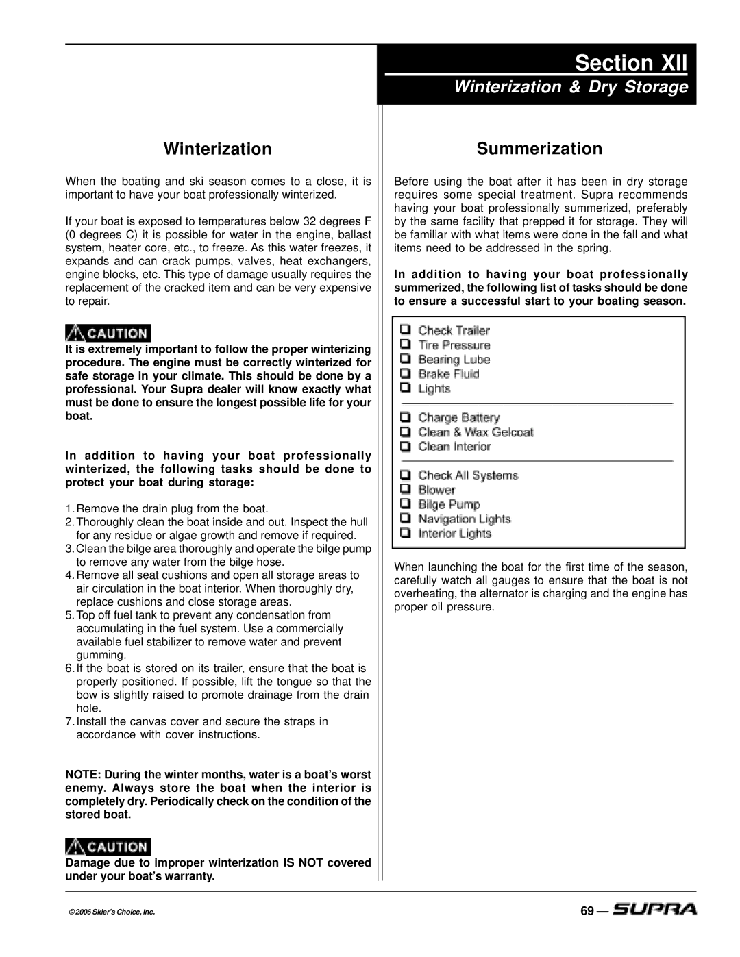 Supra THE LOGO, SUPRA manual Winterization & Dry Storage, Summerization 