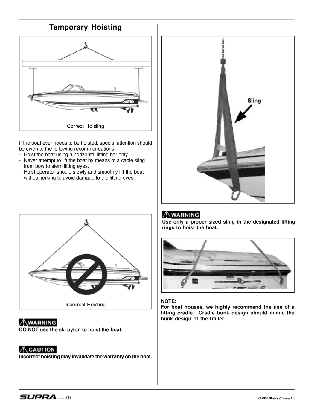 Supra SUPRA, THE LOGO manual Temporary Hoisting, Do not use the ski pylon to hoist the boat 