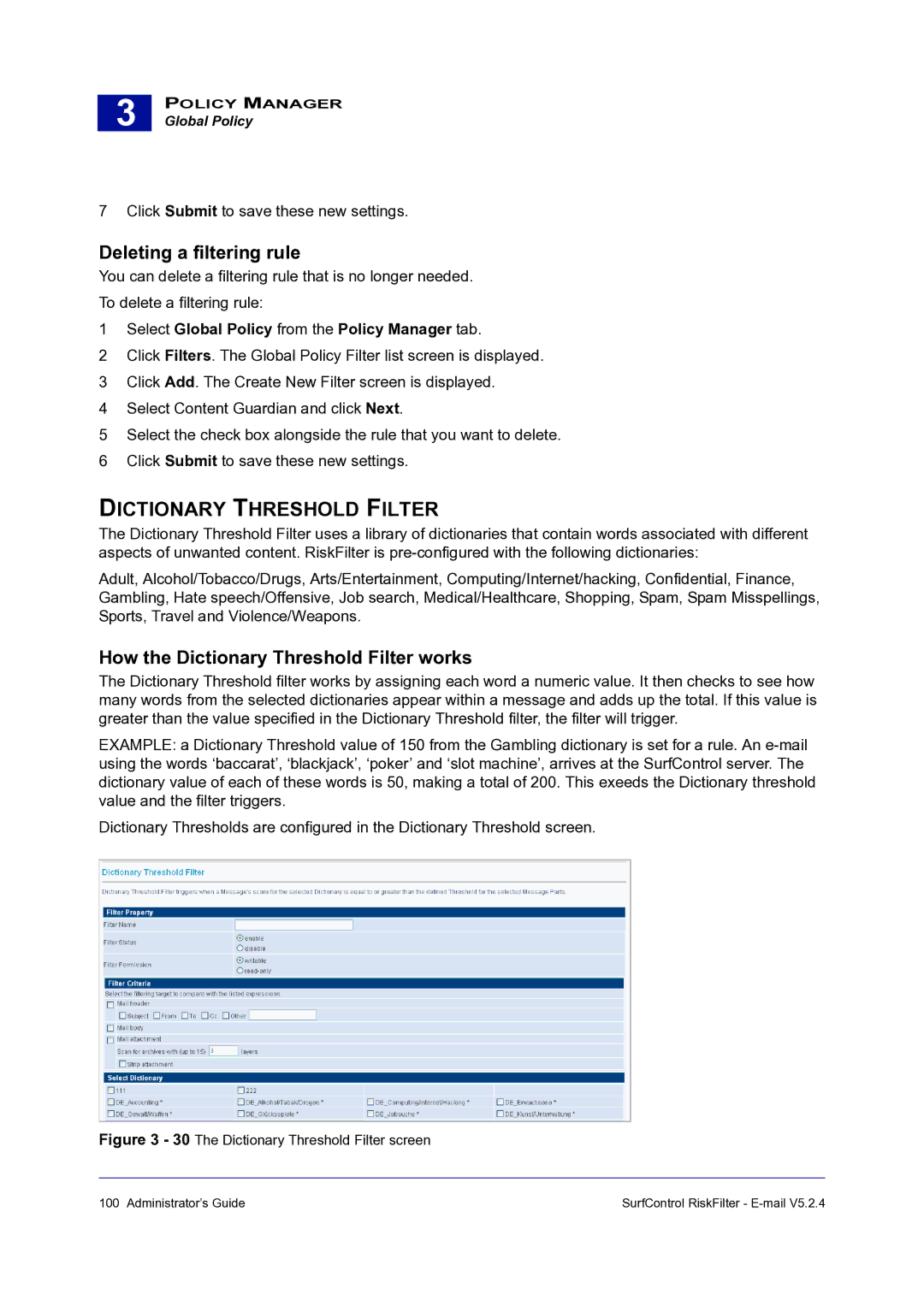 Surf Control 5.2.4 manual Deleting a filtering rule, How the Dictionary Threshold Filter works 