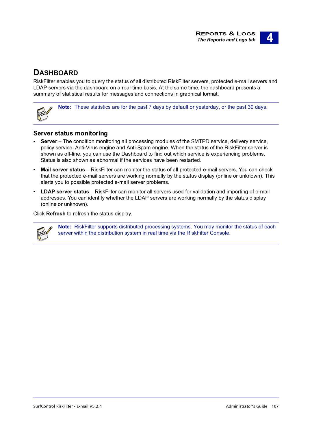 Surf Control 5.2.4 manual Dashboard, Server status monitoring 