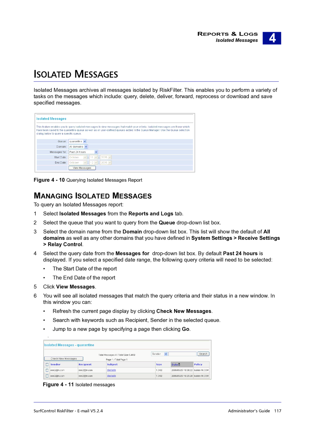 Surf Control 5.2.4 manual Managing Isolated Messages, Select Isolated Messages from the Reports and Logs tab 