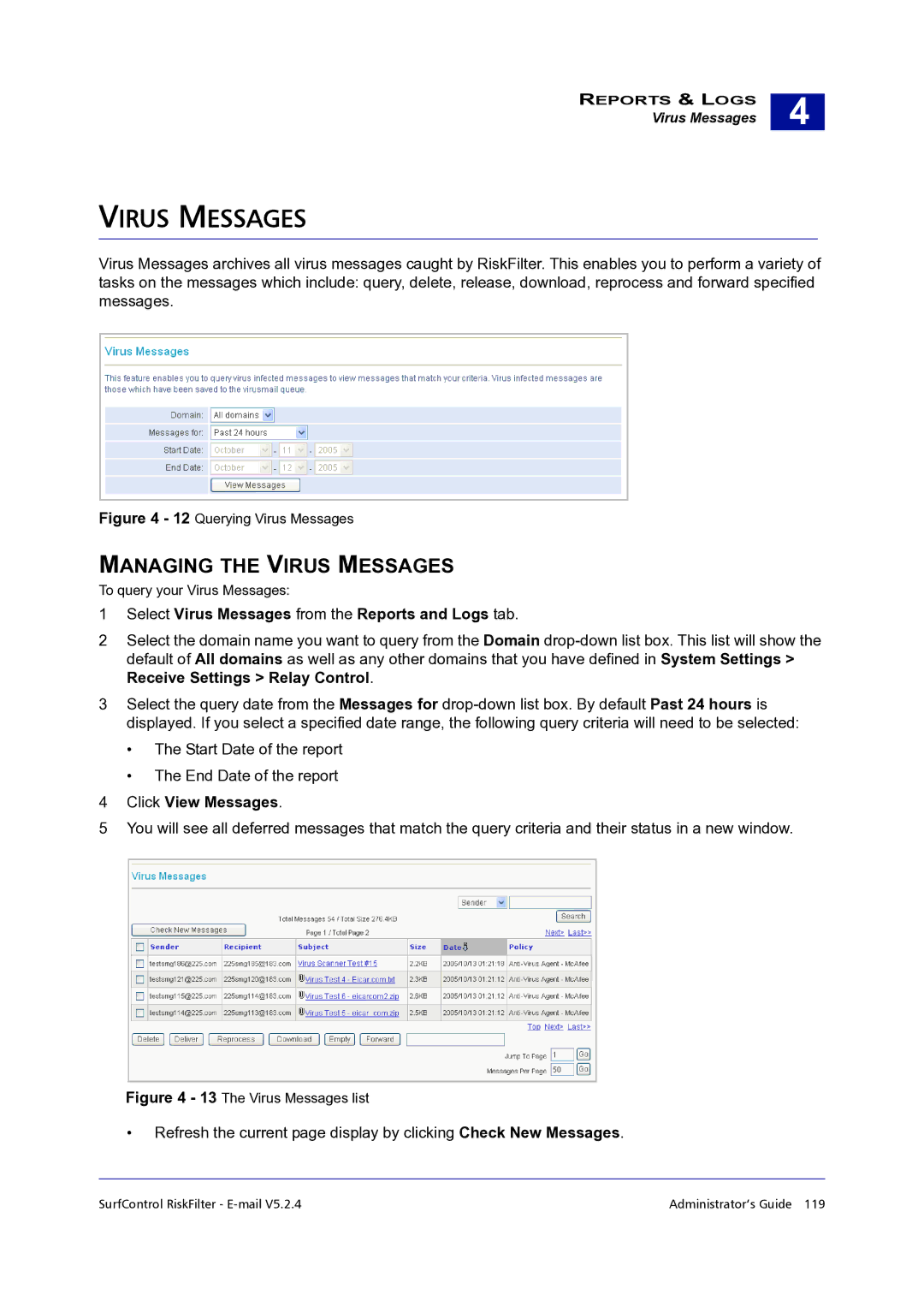 Surf Control 5.2.4 manual Managing the Virus Messages, Select Virus Messages from the Reports and Logs tab 