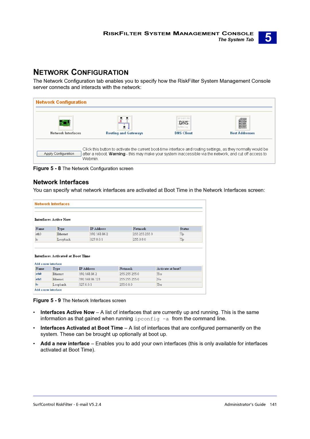 Surf Control 5.2.4 manual Network Configuration, Network Interfaces 