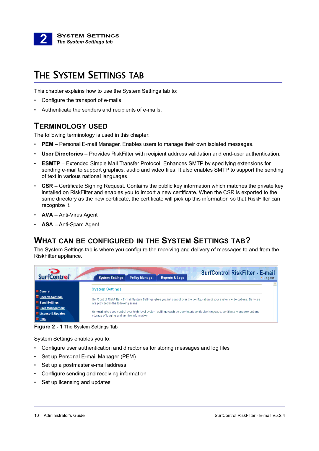 Surf Control 5.2.4 manual Terminology Used, What can be Configured in the System Settings TAB? 