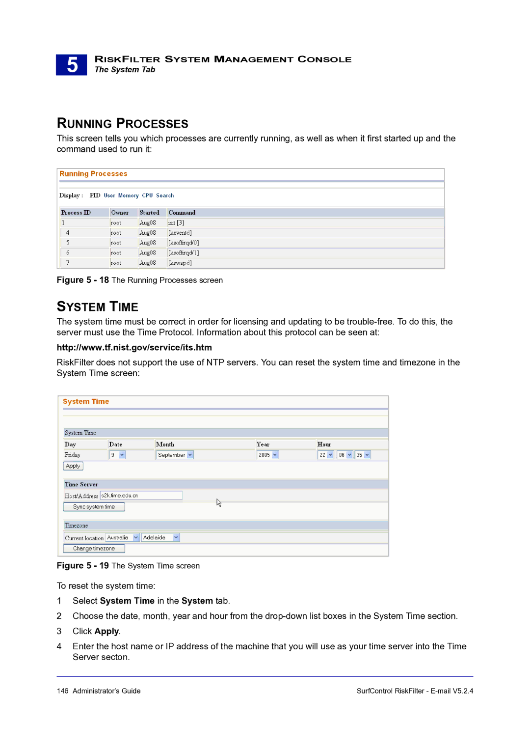 Surf Control 5.2.4 manual Running Processes, Select System Time in the System tab 