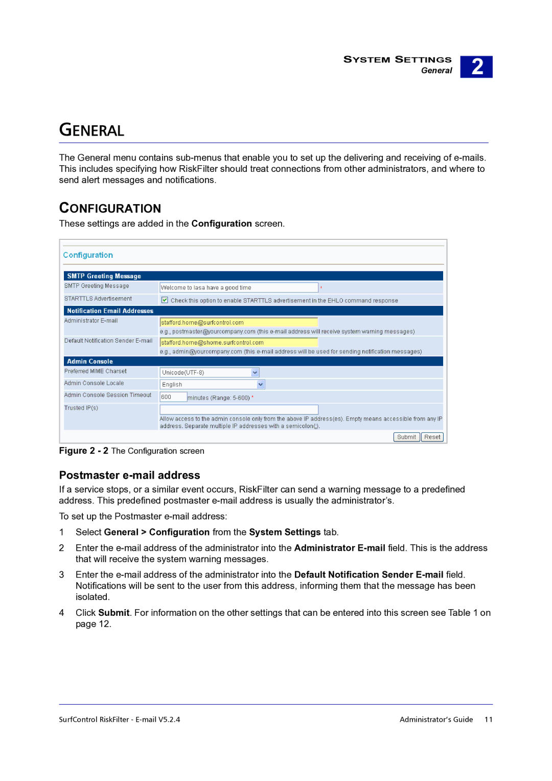 Surf Control 5.2.4 manual General, Configuration, Postmaster e-mail address 