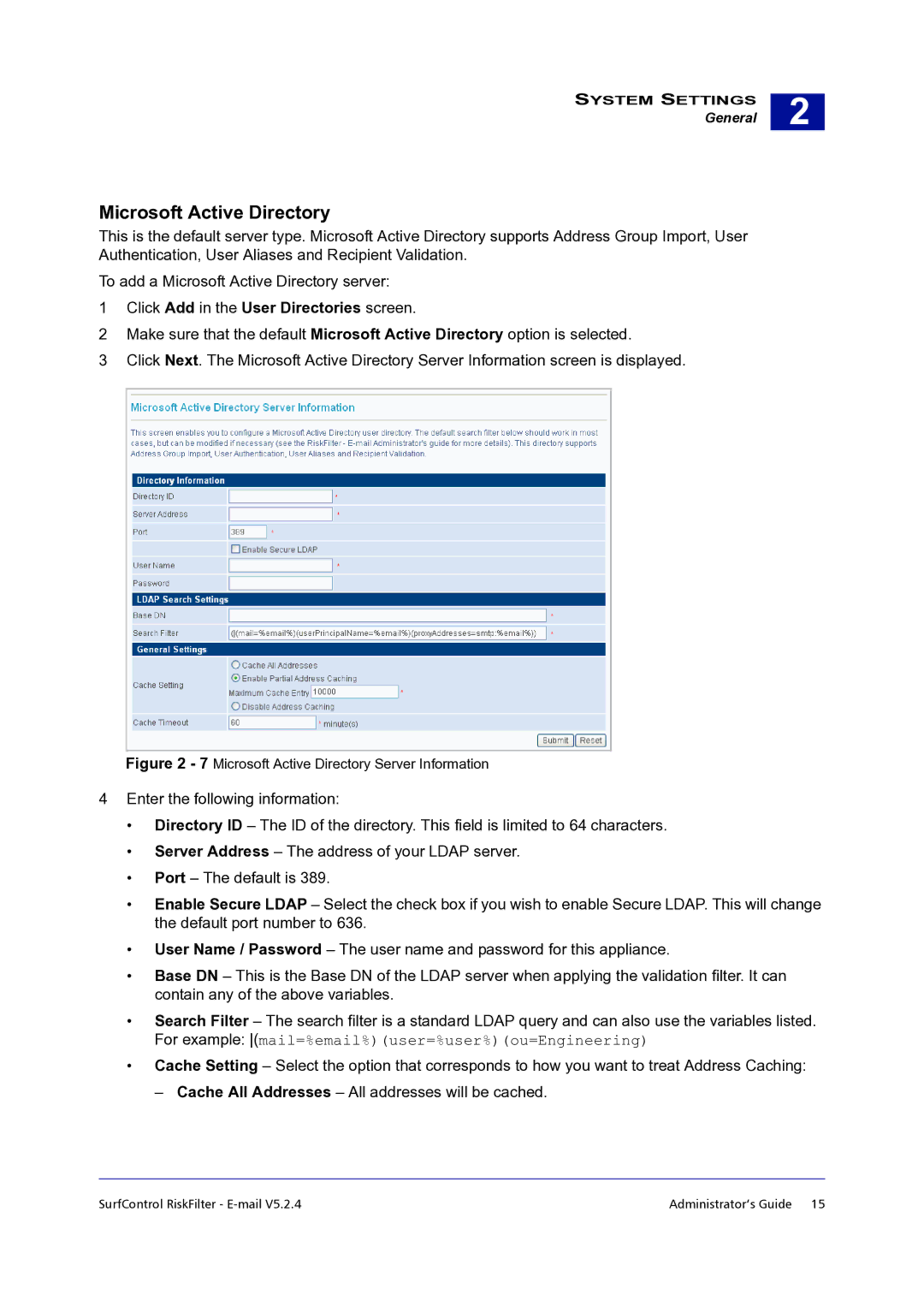 Surf Control 5.2.4 manual Microsoft Active Directory, Click Add in the User Directories screen 