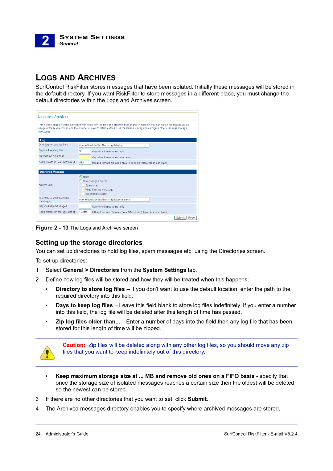 Surf Control 5.2.4 manual Logs and Archives, Setting up the storage directories 