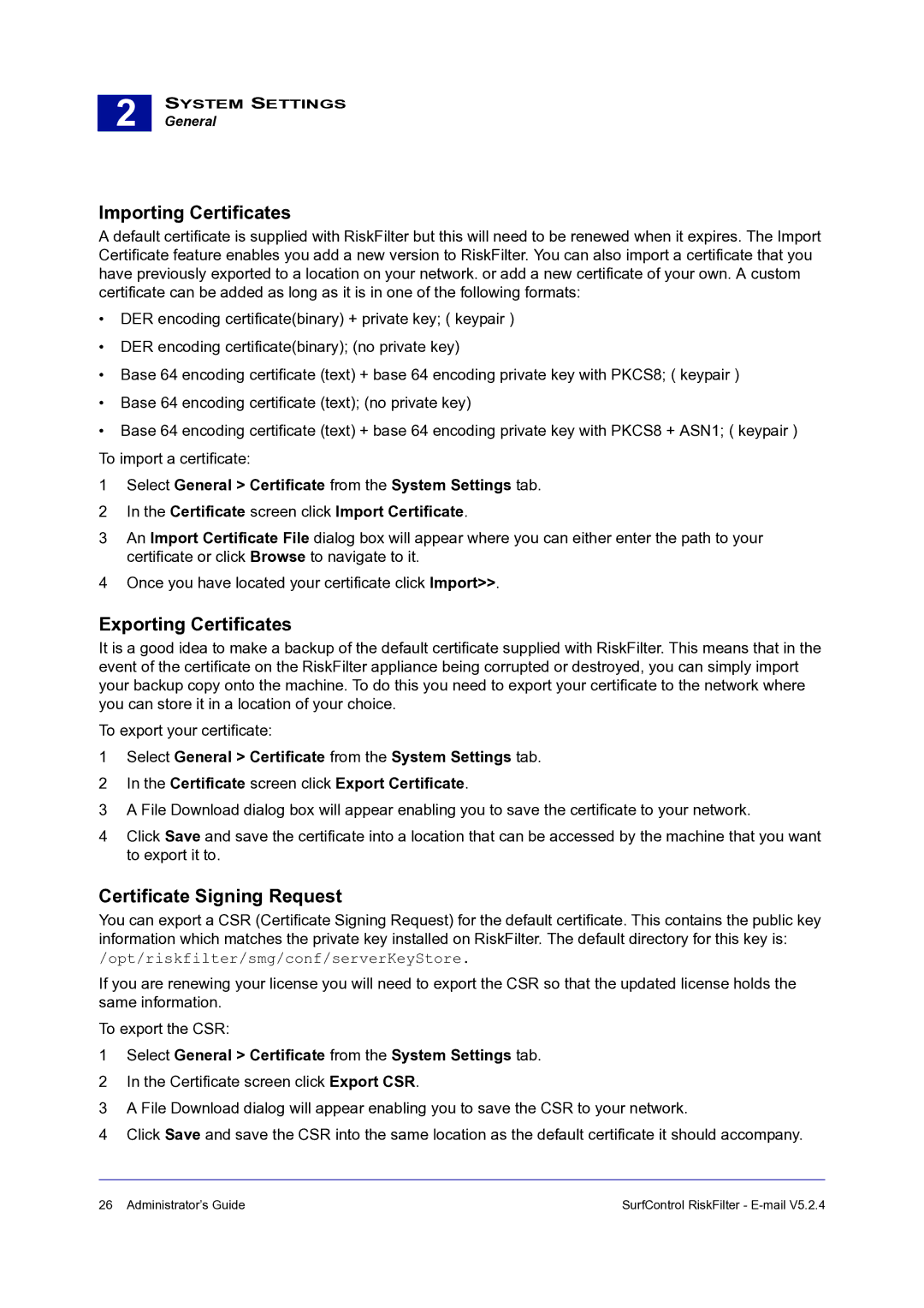 Surf Control 5.2.4 manual Importing Certificates, Exporting Certificates, Certificate Signing Request 