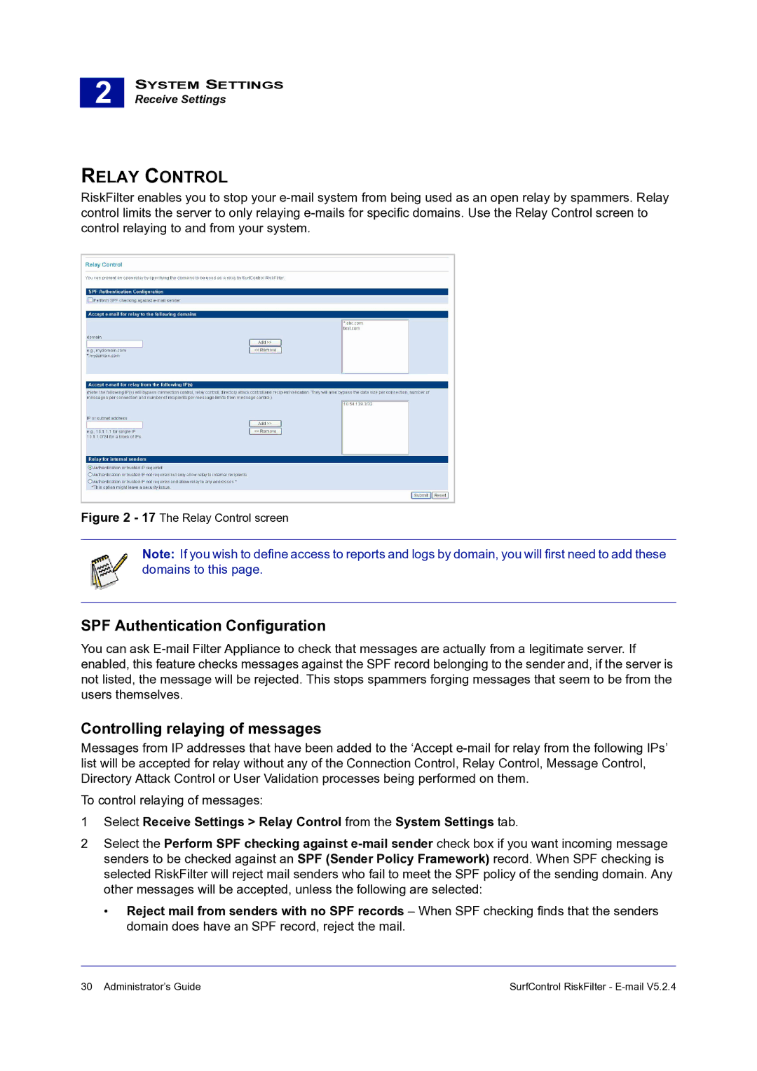 Surf Control 5.2.4 manual Relay Control, SPF Authentication Configuration, Controlling relaying of messages 