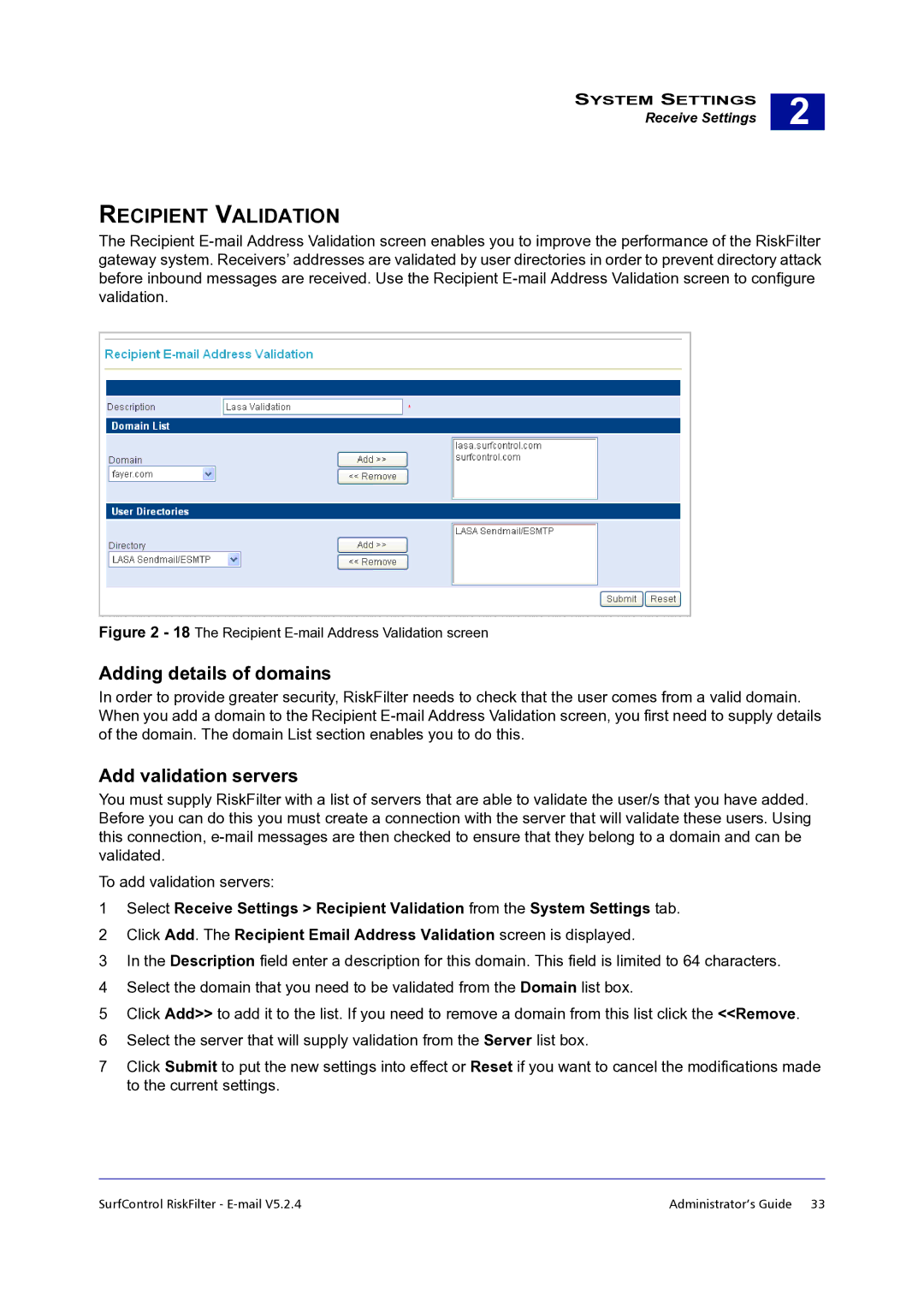 Surf Control 5.2.4 manual Recipient Validation, Adding details of domains, Add validation servers 