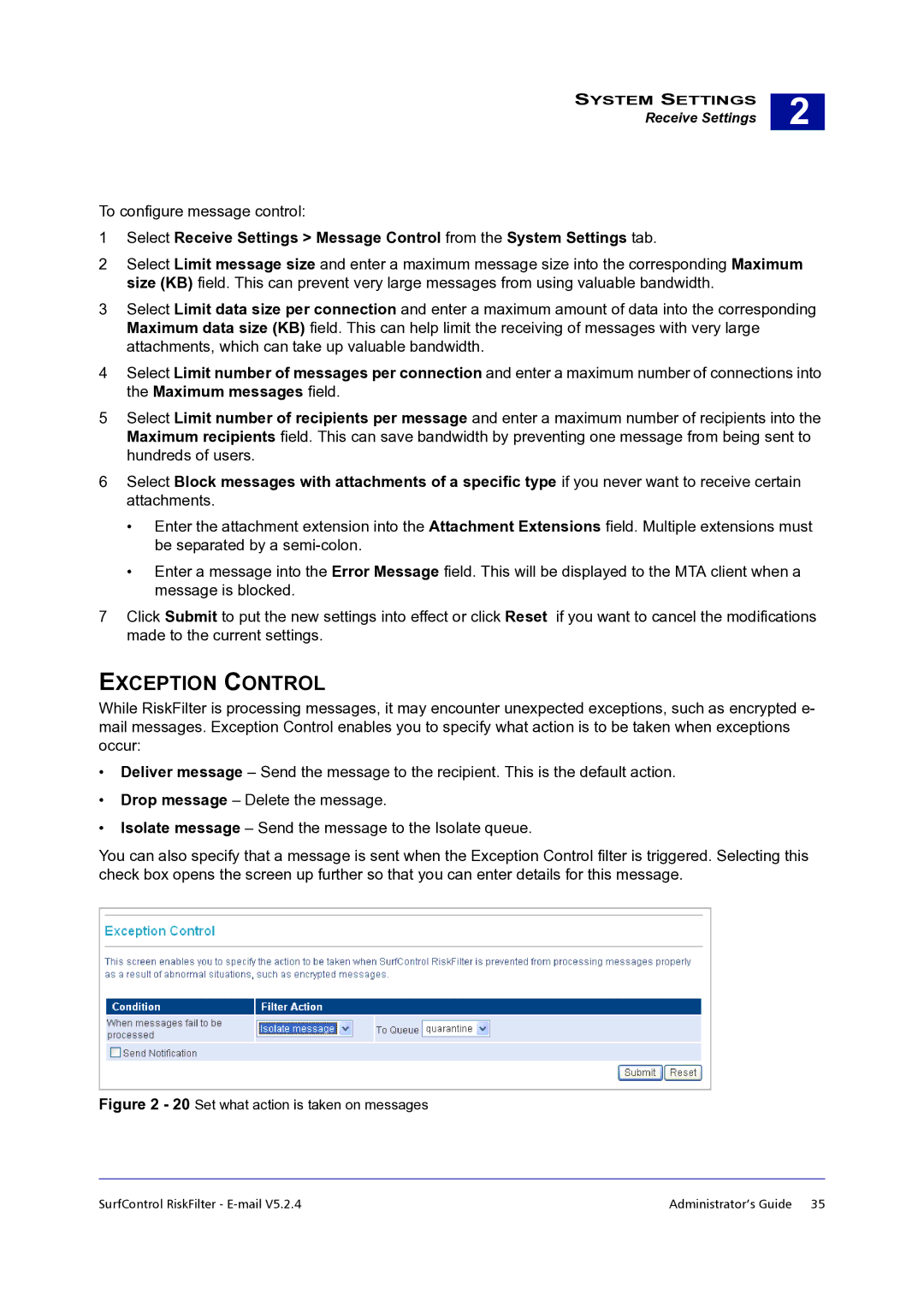 Surf Control 5.2.4 manual Exception Control, Set what action is taken on messages 