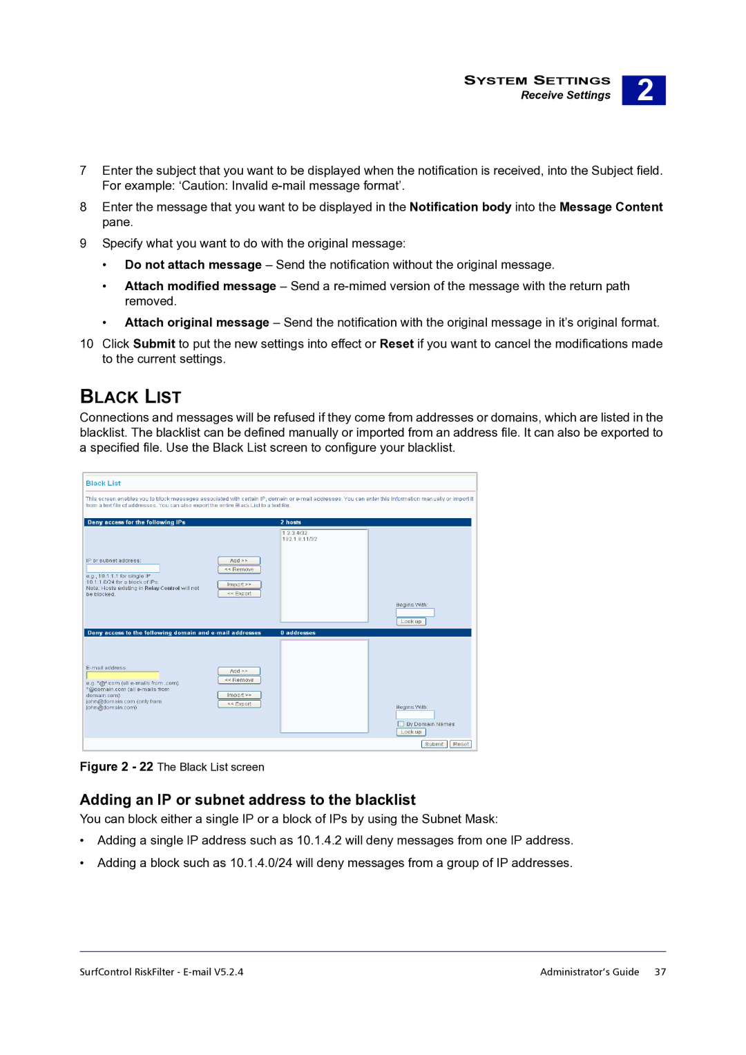 Surf Control 5.2.4 manual Black List, Adding an IP or subnet address to the blacklist 