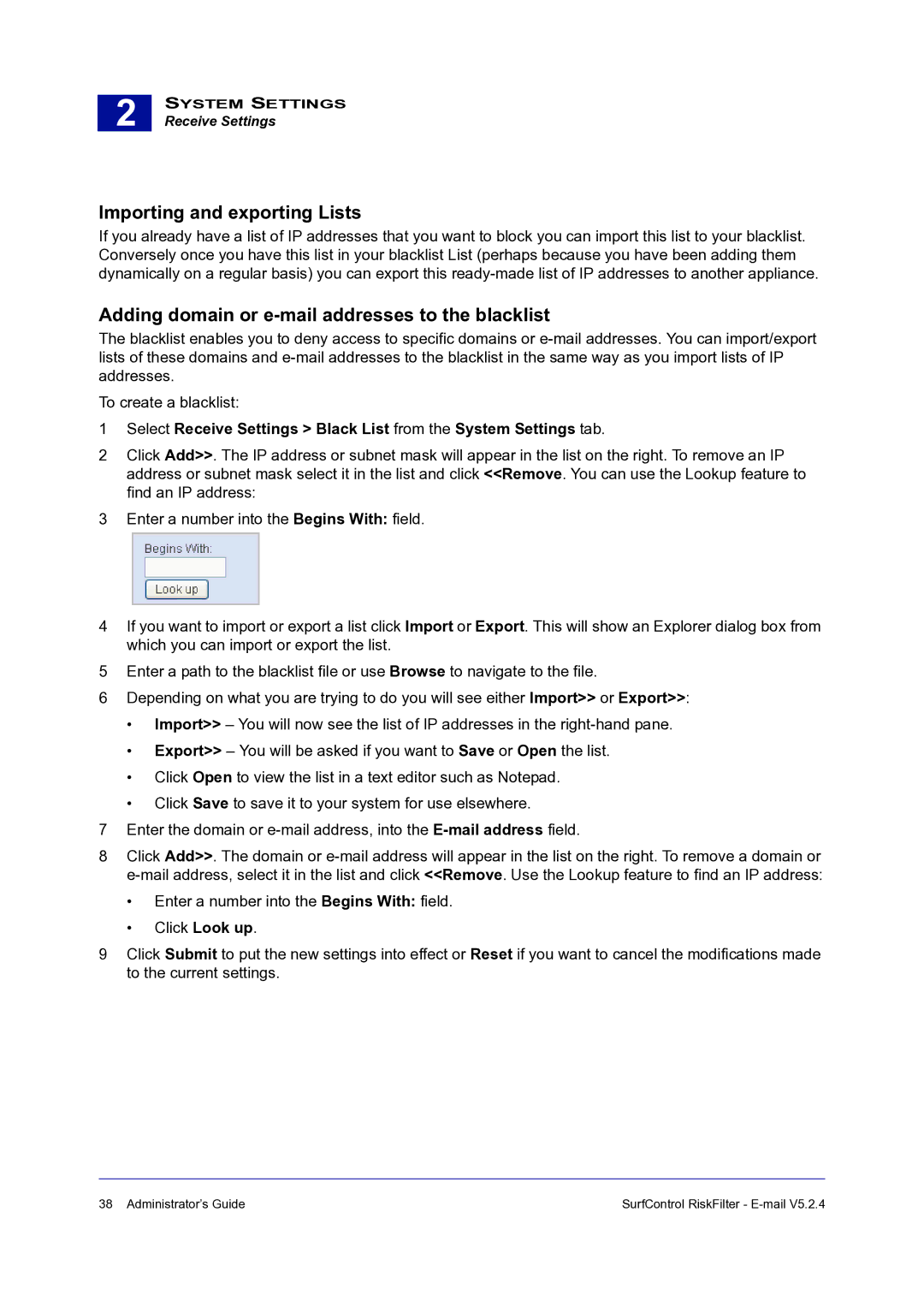 Surf Control 5.2.4 manual Importing and exporting Lists, Adding domain or e-mail addresses to the blacklist 