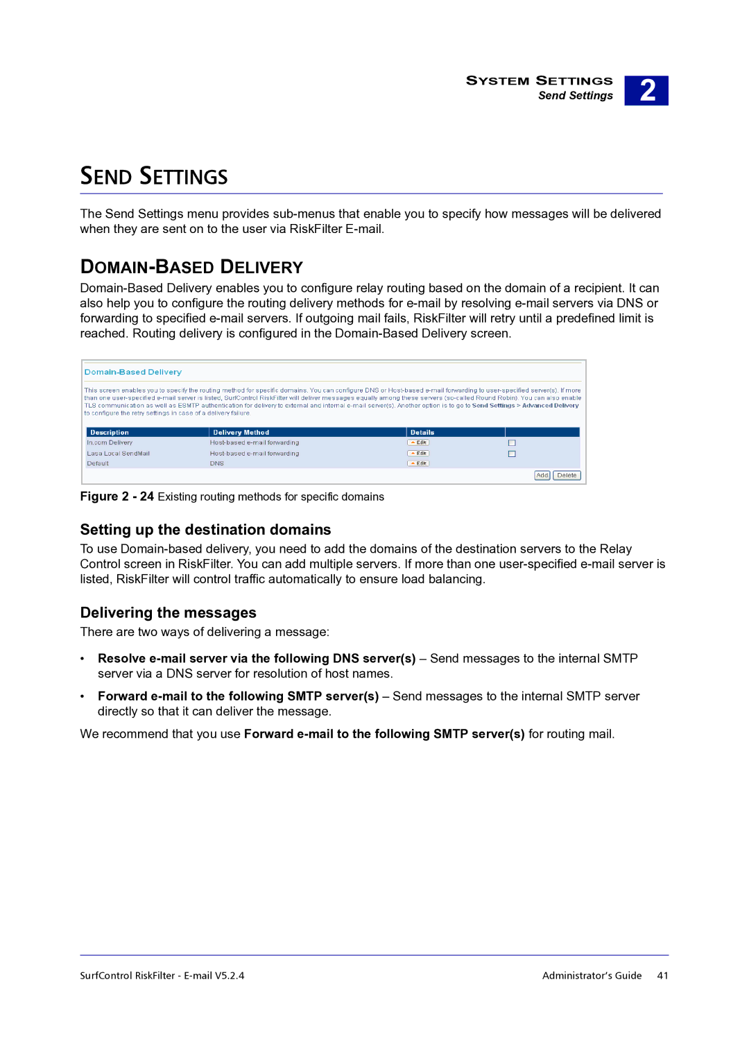 Surf Control 5.2.4 manual Send Settings, DOMAIN-BASED Delivery, Setting up the destination domains, Delivering the messages 