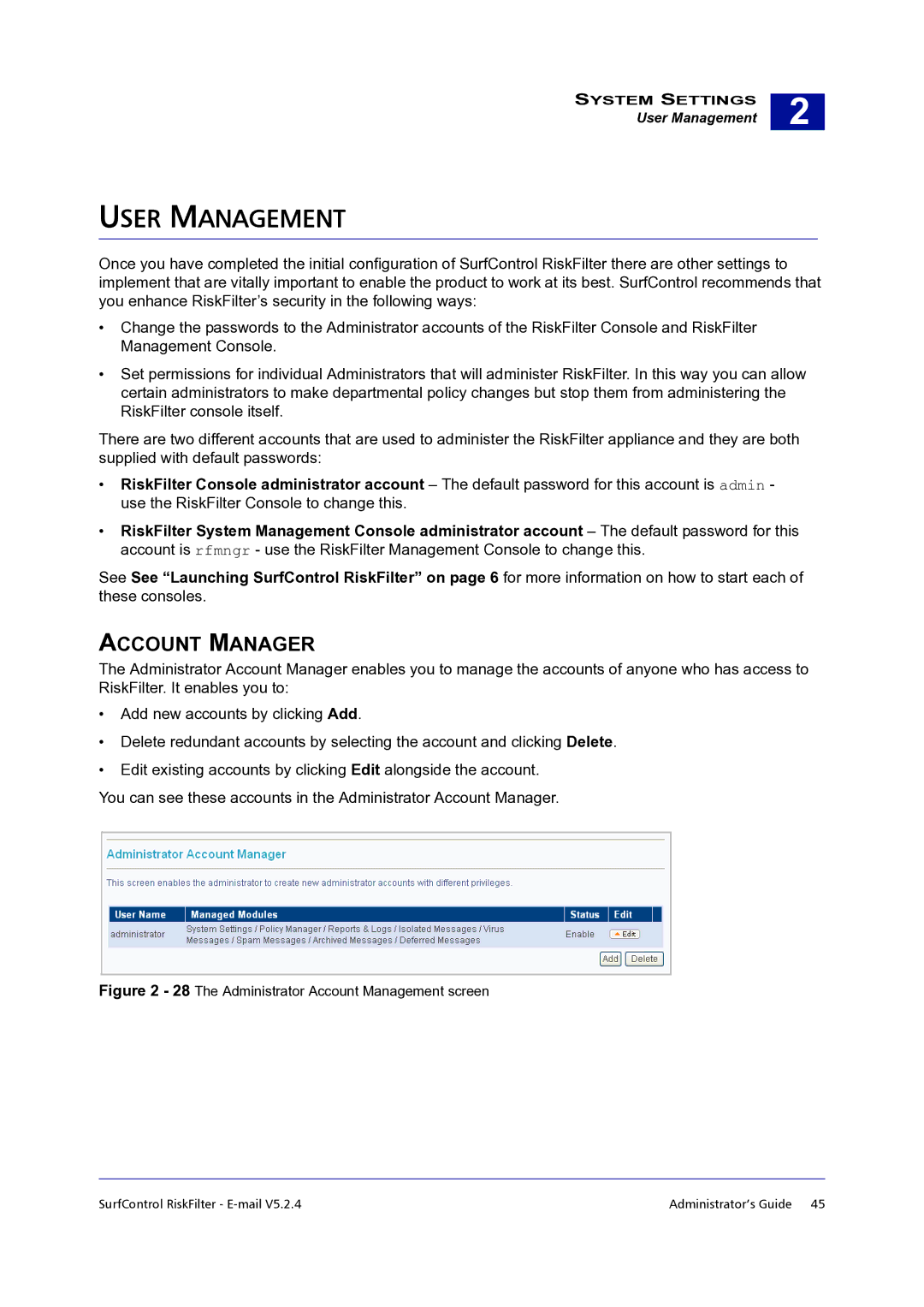 Surf Control 5.2.4 manual User Management, Account Manager 