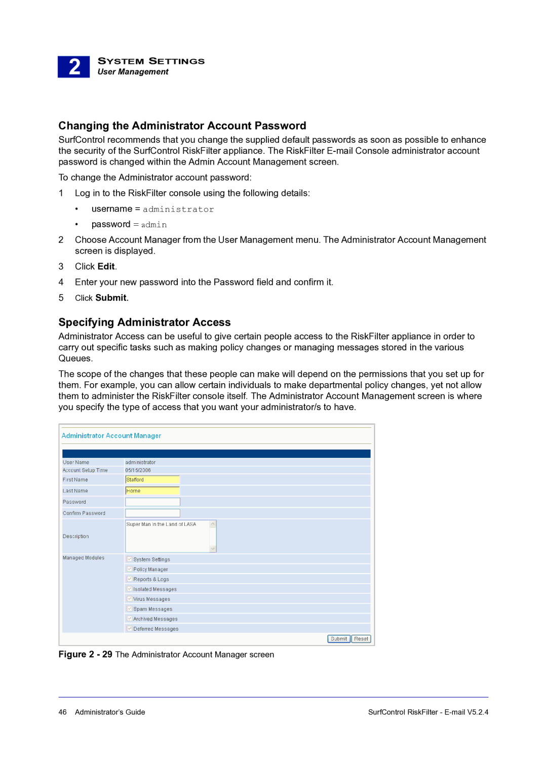 Surf Control 5.2.4 manual Changing the Administrator Account Password, Specifying Administrator Access 