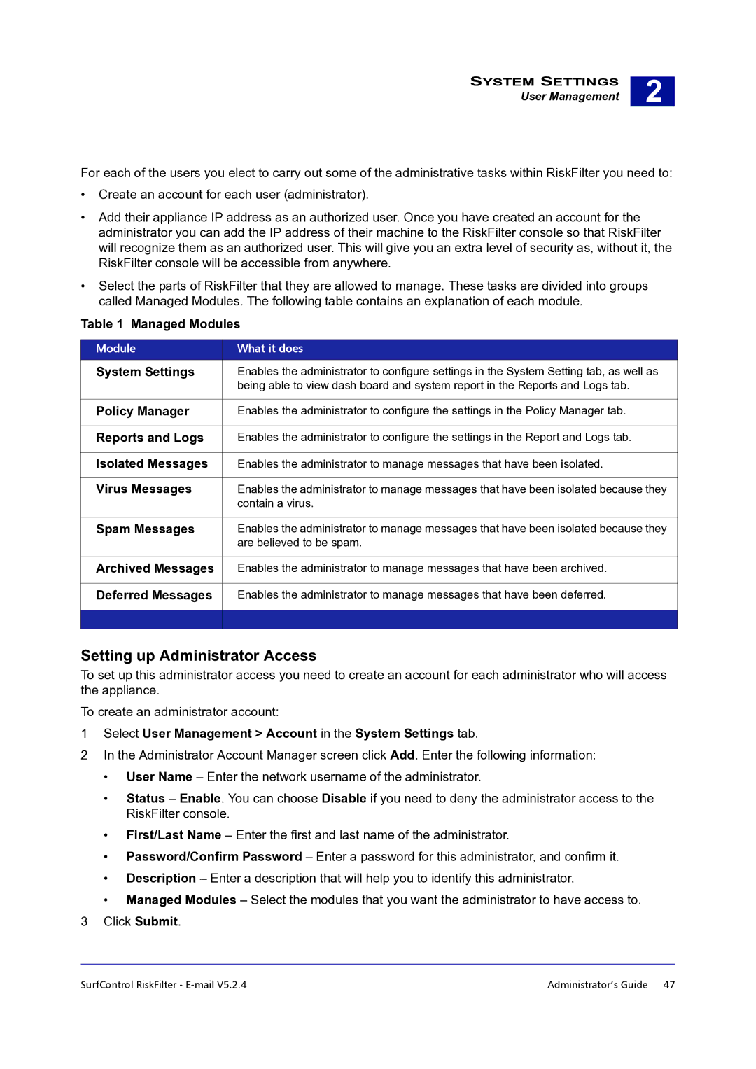 Surf Control 5.2.4 manual Setting up Administrator Access 