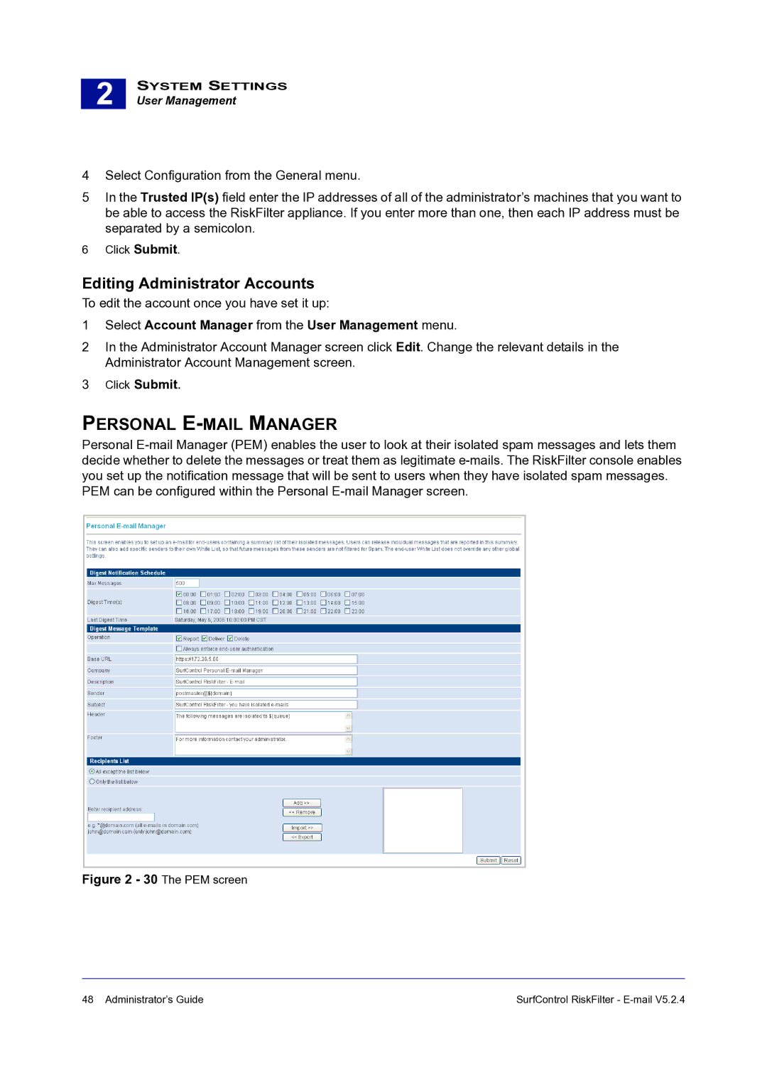 Surf Control 5.2.4 manual Personal E-MAIL Manager, Editing Administrator Accounts 