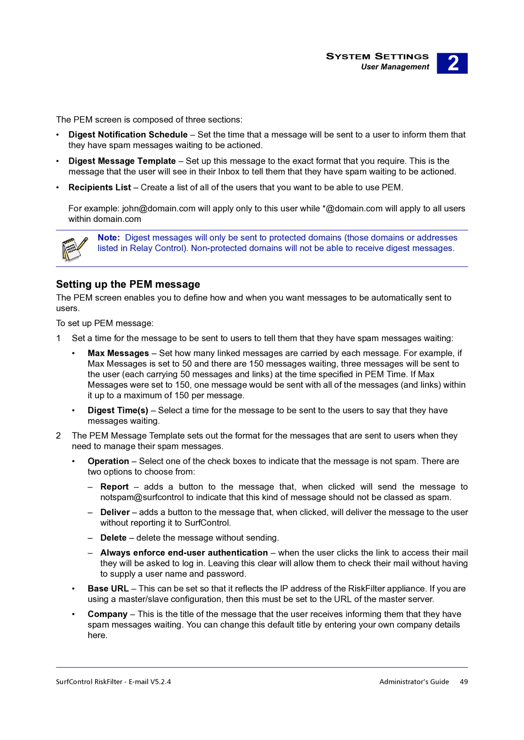 Surf Control 5.2.4 manual Setting up the PEM message 