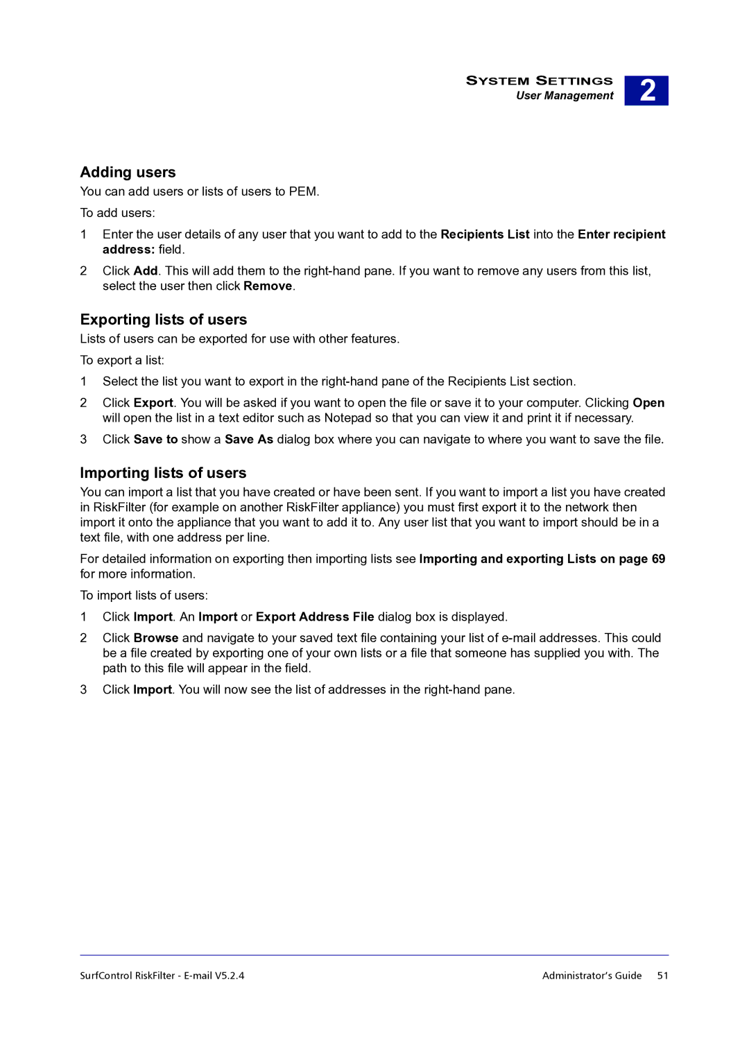 Surf Control 5.2.4 manual Adding users, Exporting lists of users, Importing lists of users 