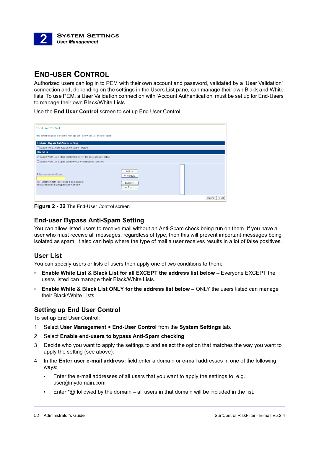 Surf Control 5.2.4 manual END-USER Control, End-user Bypass Anti-Spam Setting, User List, Setting up End User Control 