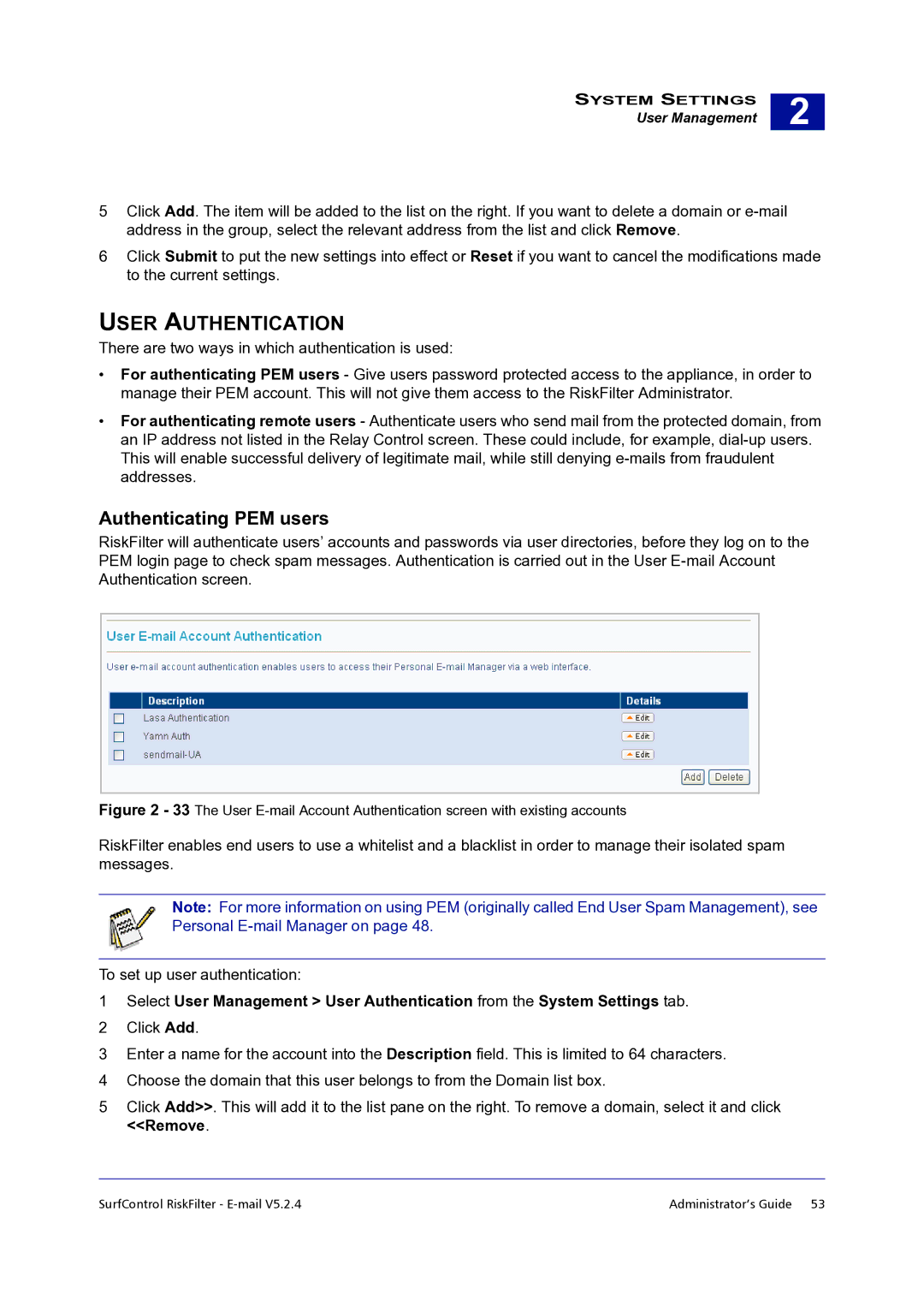 Surf Control 5.2.4 manual User Authentication, Authenticating PEM users 