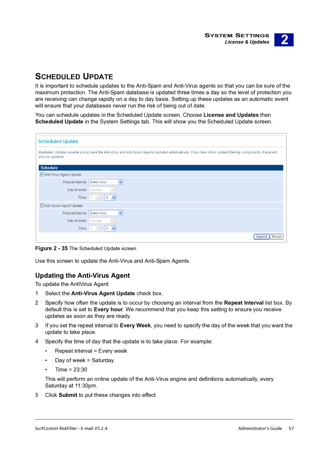 Surf Control 5.2.4 manual Scheduled Update, Updating the Anti-Virus Agent, Select the Anti-Virus Agent Update check box 