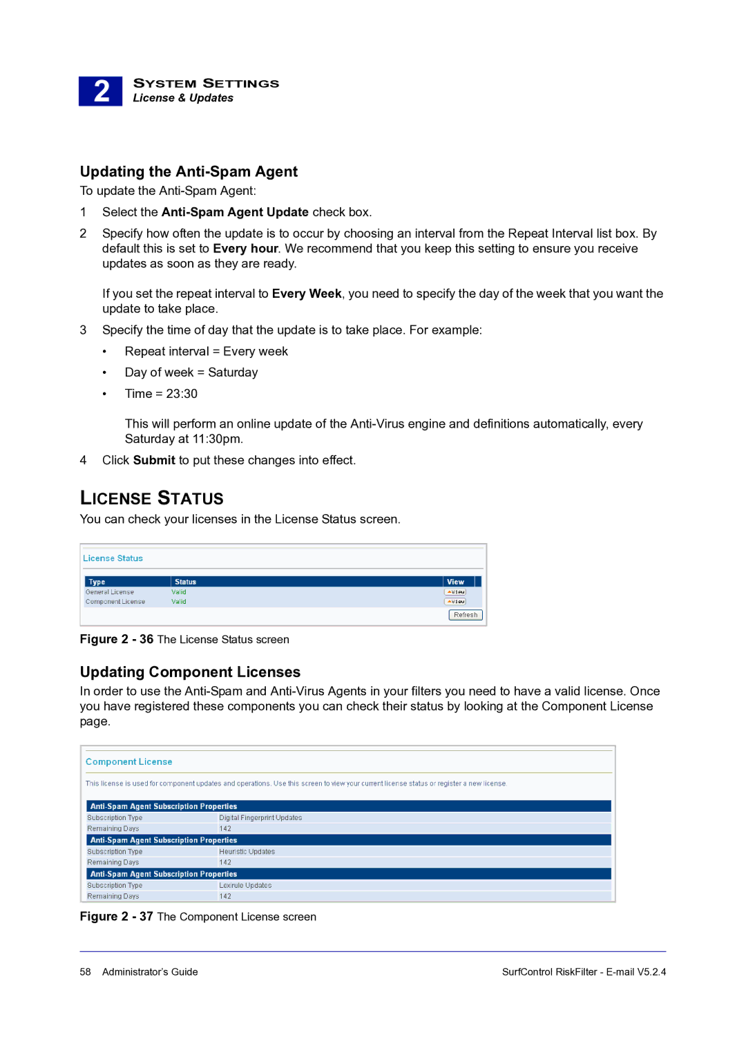 Surf Control 5.2.4 manual License Status, Updating the Anti-Spam Agent, Updating Component Licenses 