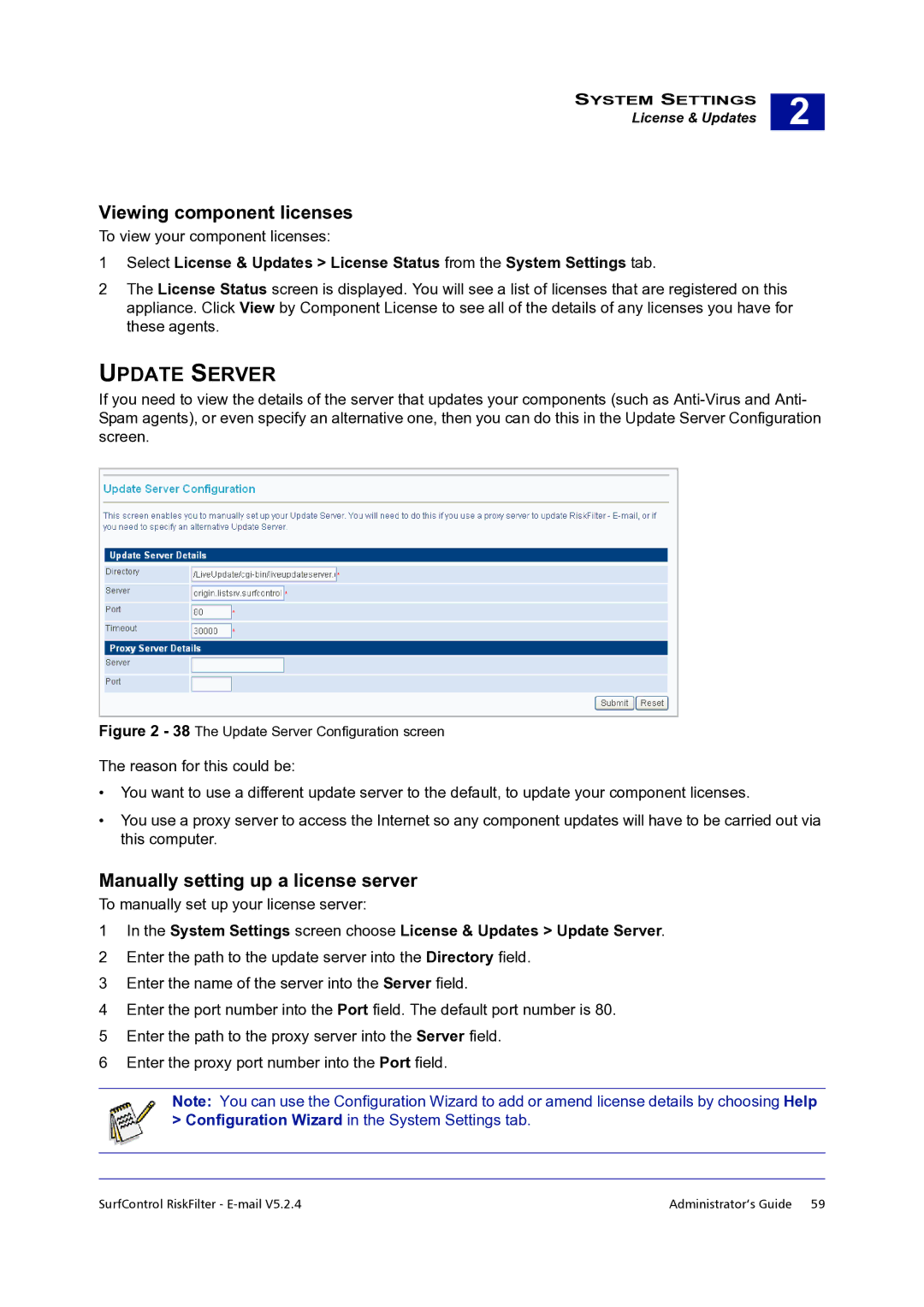 Surf Control 5.2.4 manual Update Server, Viewing component licenses, Manually setting up a license server 