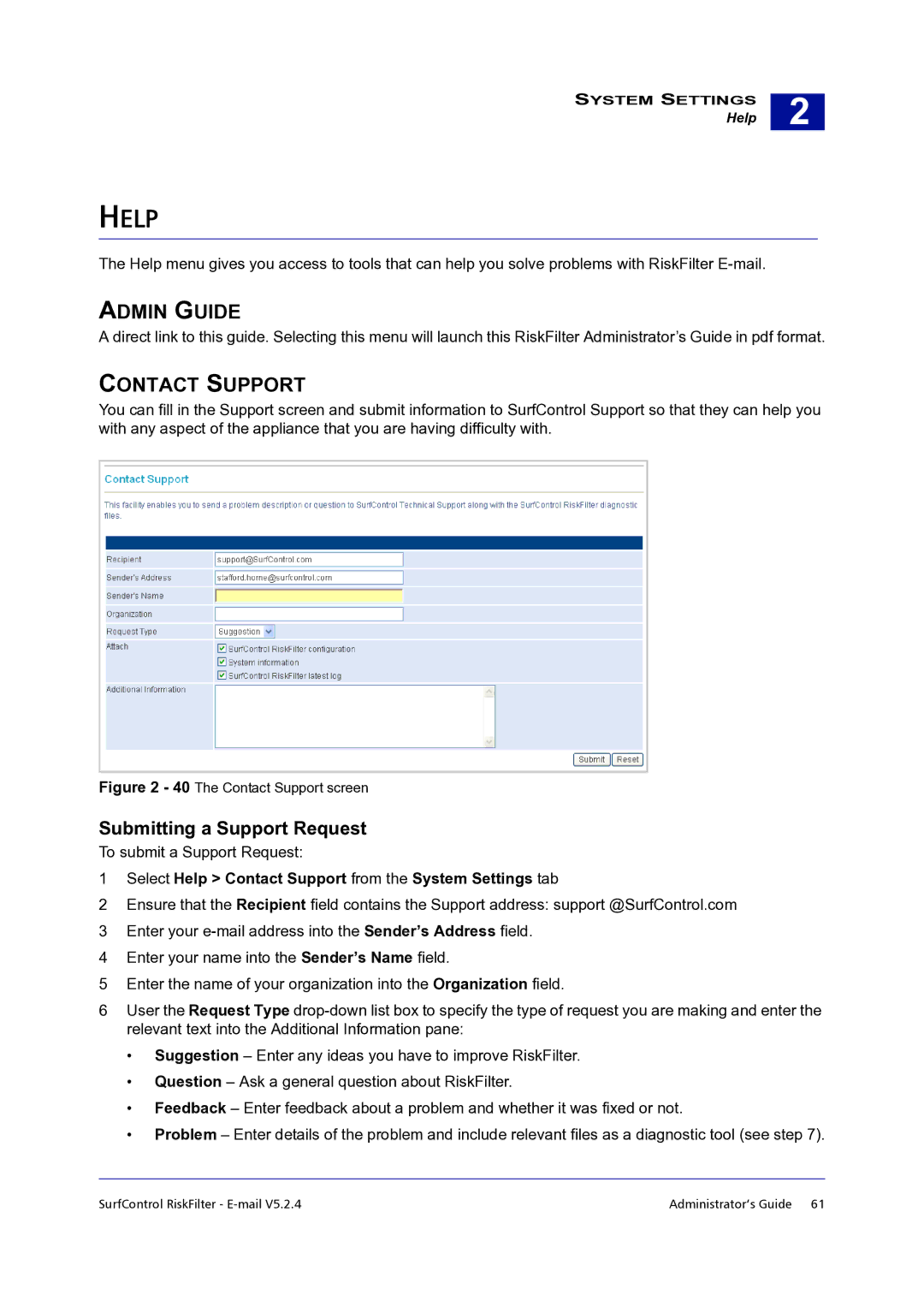 Surf Control 5.2.4 manual Help, Admin Guide Contact Support, Submitting a Support Request 